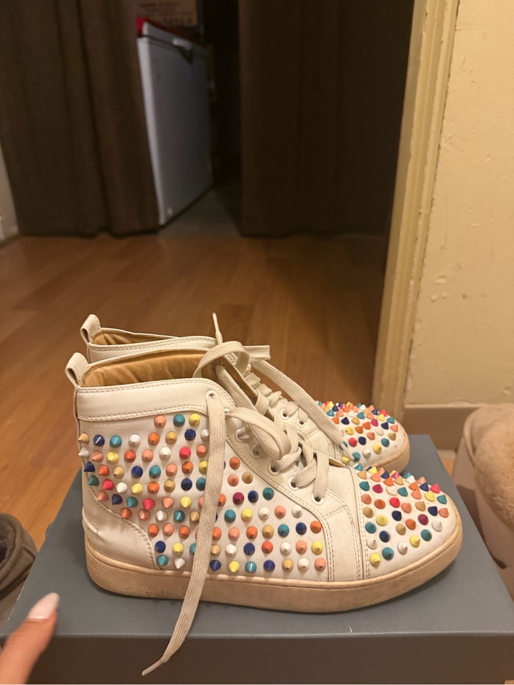 Christian Louboutin White High-Top Sneakers with Multicolor Studs